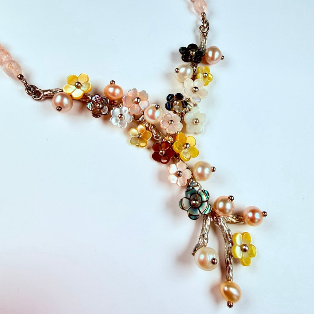 Whitney Kelly Rose Quartz MOP Pearl Mosaic Flower Sterling Silver 925 Necklace - Picture 6 of 12